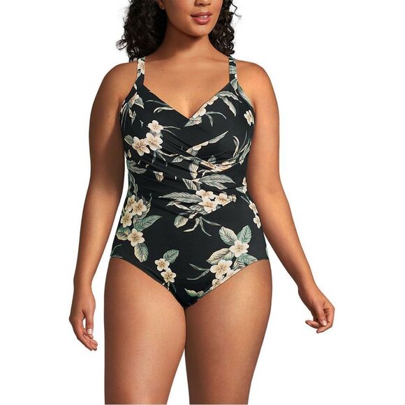 Land's End Plus slender suit pleated X back 1 piece swimsuit black floral Var - Picture 6 of 12